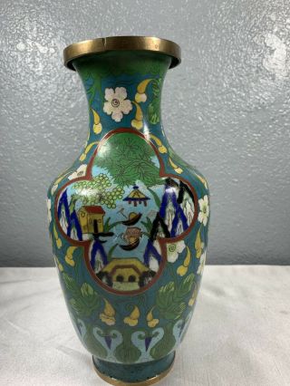 Large 10” Tall Chinese Cloisonné Enamel Brass Figural Floral Vase Vintage 3