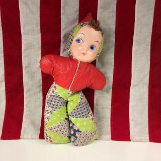 Red Elf Vintage Rubber Face Doll With Quilted Outfit Plush Body