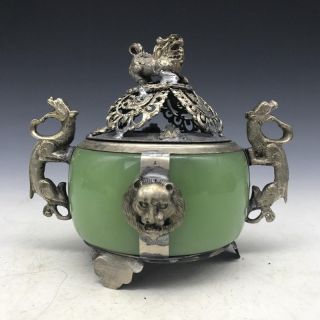 Vintage Old China Jade Tibet Silver Incense Burner Handwork Armored Dragon Lion