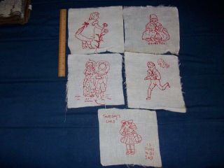 Antique Redwork Victorian 5 Hand - Stitched Embroidered Quilt Blocks Children