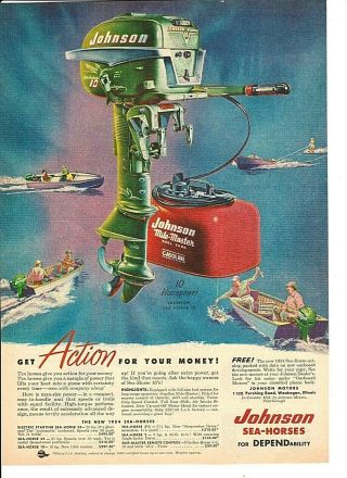 Vintage 1954 Johnson Sea - Horse 10 Outboard Fishing Motor Color Ad