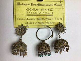 Antique 1907 Chinese - Hindoo (hindu) Brass Filigree Chandelier Earrings&nose Ring