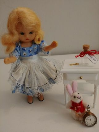 Vintage 5 1/2 " Nancy Ann Storybook Doll Alice Looking Glass Bunny Table Key Look