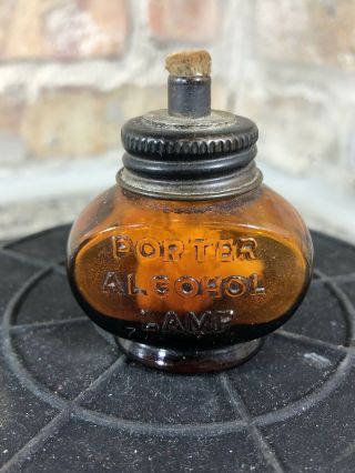 Vintage Porter Alcohol Lamp Oil Mini Amber Glass Removable Cap Antique Rare