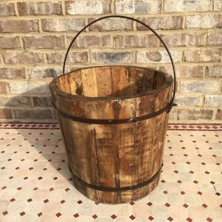 Primitive Wooden Bucket With Bail Handle Pale Planter Well Old Vintage Style