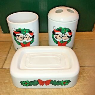 Disney Micky Minnie Mouse Christmas 3 Pc Bathroom Set Rare Soap Dish Tumbler