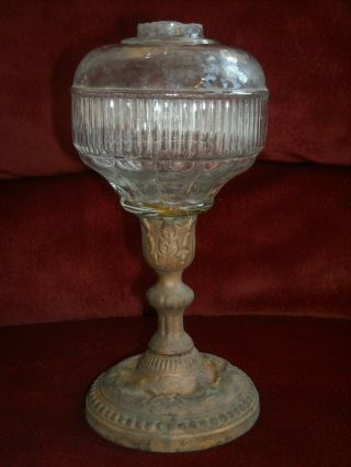 Antique Vintage 8 1/2 " Pattern Glass Oil Lamp,  Cast Iron Ornate Pedestal