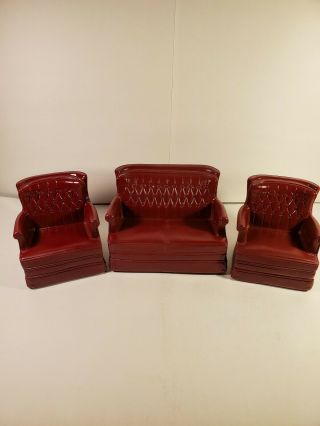 1978 Marx Sindy Doll Furniture Maroon Love Seat Couch And 2 Chairs Vintage