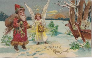 Antique Merry Christmas Santa & Angel C.  1910 Red Robed Santa Suit Golden Trim