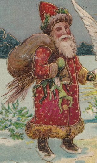 Antique MERRY CHRISTMAS SANTA & ANGEL c.  1910 RED ROBED SANTA SUIT GOLDEN TRIM 2