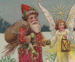 Antique MERRY CHRISTMAS SANTA & ANGEL c.  1910 RED ROBED SANTA SUIT GOLDEN TRIM 3
