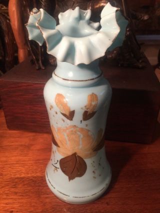 Antique Victorian Bristol Blue Bohemian Glass Vase Painted Flowers Gold