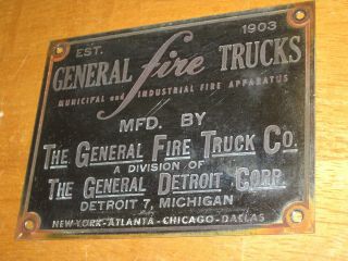 Rare General Fire Truck Co.  Est 1903 Brass & Chrome Body Plate Ad Plate
