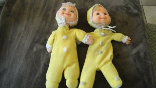 2 Vintage 1970 Mattel Bedsie Baby Beans Doll Yellow Outfit 12”