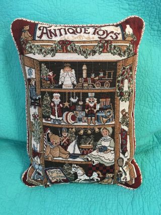 Christmas Tapestry “antique Toys” Shoppe Window Pillow By Betty Smith Whiteaker