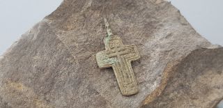 Post Medieval Copper Alloy Crucifix.  Uncleaned Intact.  L111x