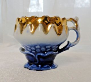Vintage Miniature Victorian Flow Blue Porcelain Footed Cup Gold Interior 45 Mark