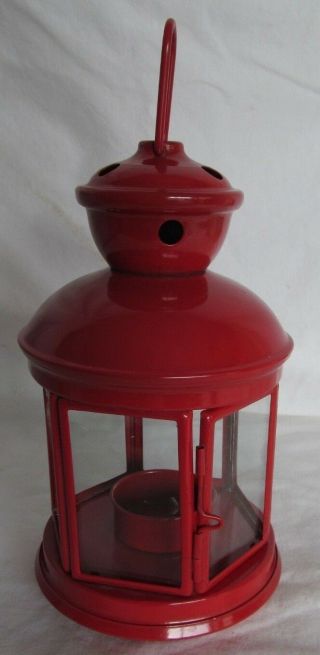 Retro Red Lantern Hanging Candle Holder Metal,  6 - Glass Panes,  Vg