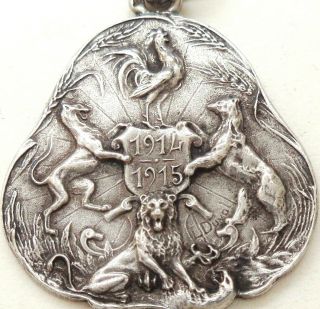 1914 - 1915 Allegoric Animal Decors Splendid Antique Silver Art Medal By L.  Duval