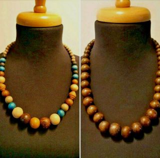 Vintage Wooden Necklaces Set Of 2 Handmade Brown Beads Mulit Colors Balls