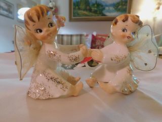 Rare Vintage Boy And Girl Angel Christmas Candle Huggers Figures Netted Wings