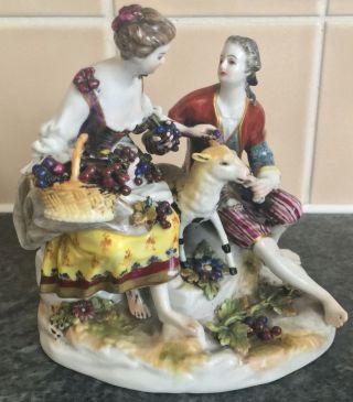 Antique Ludwigsburg Porcelain Young Man & Woman With Sheep Figurine Group