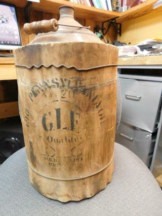 Antique 5 Gallon Pennsylvania Oil Co Wooden Cased Metal Bucket.  Glf Quality