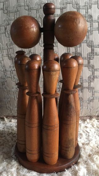 Rare Antique Victorian Or Edwardian 9 Pin Skittles Game In Solid Oak With Stand