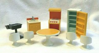 Fisher - Price Vintage Miniature Doll House Kitchen Stove Frig Sink Table Chairs 2