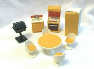 Fisher - Price Vintage Miniature Doll House Kitchen Stove Frig Sink Table Chairs 3