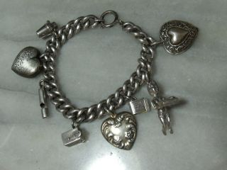 Antique Victorian & Edwardian Sterling Silver Heavy Rare 8 Charm Bracelet