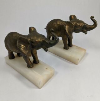 Pair Antique Cast Brass Elephant Figural Bookends White Marble Base 5.  5 " X 4.  5 "