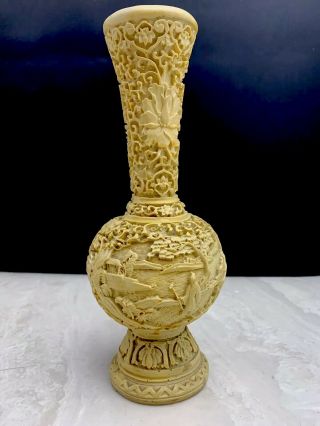 Very Fine Rare Chinese Carved White Cinnabar Imperial Figures Scenic Vase