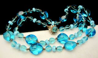 Rare Vintage 28 " X3/4 " Signed Miriam Haskell Blue Glass Crystal Necklace A35