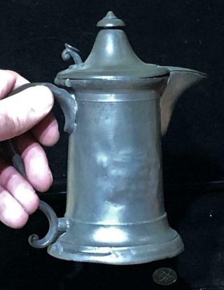 Antique Pewter Syrup Jug,  Small Pewter Hinged Lid Pitcher,  C.  1840