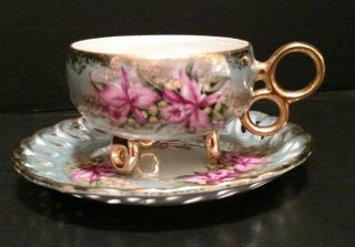 Royal Halsey Iridescent Tea Cup Reticulated Ormolu 3 Footed Double Handle Cc