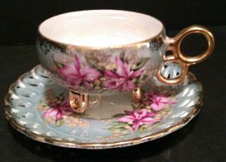 Royal Halsey Iridescent Tea Cup Reticulated Ormolu 3 Footed Double Handle CC 2