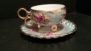 Royal Halsey Iridescent Tea Cup Reticulated Ormolu 3 Footed Double Handle CC 3