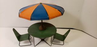 Vintage Tin Miniature Dollhouse Patio Set With Table Umbrella & 2 Chairs