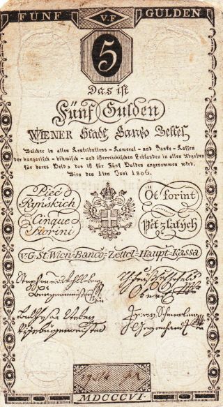 5 Gulden Fine Banknote From Austrian Empire/hungary 1806 Rare