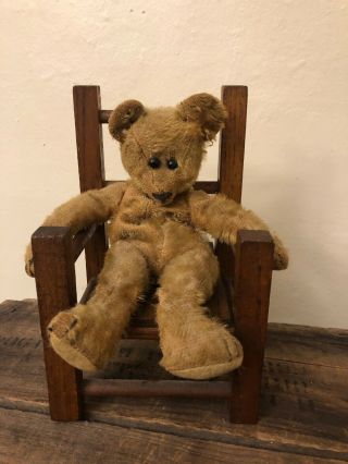 Vintage Well Loved 10”teddy Bear With And 8.  5” Wood Chair.