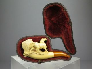 Antique Miniature Meerschaum Carved Horse Pipe Fitted Case Amber Stem