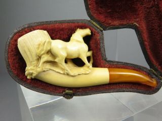 Antique Miniature Meerschaum Carved Horse Pipe Fitted Case Amber Stem 2