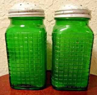 2 Antique Vintage Green Depression Glass Hoosier Kitchen Cabinet Jars Shakers