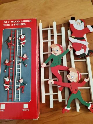 Vintage 28 1/2 Inch Wooden Ladder With Christmas Elfs And Santa