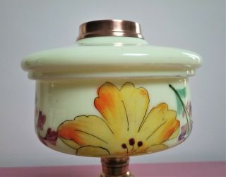 Vintage Hand Painted Floral Design Vaseline Glass Oil Lamp Font.  Duplex Collar.