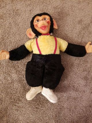 Vintage Sweet Rushton Style Stuffed Monkey Rubber Face - Bells On Red Collar