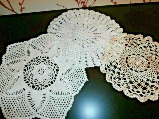 Three Vintage Beige/white Hand Worked Cotton Crochet Lace Table Mats/doilies
