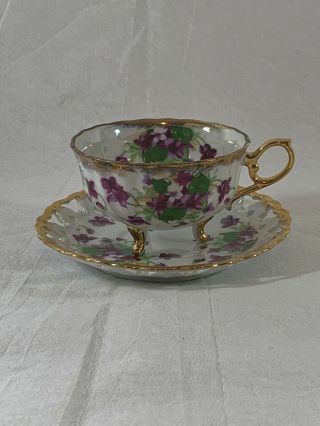 Royal Halsey Lusterware Very Fine 3 Footed Tea Cup Saucer Purple Violets Japan