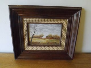 Vintage Oil Painting Of A Barn With Wooden Frame 13 " X 11 " Singed Pat Kukia 1982